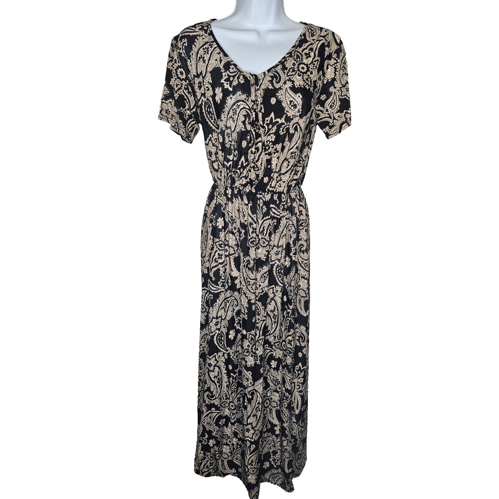Seven Islands Paisley Midi Dress M‎ Navy Beige V Neck Elastic Waist